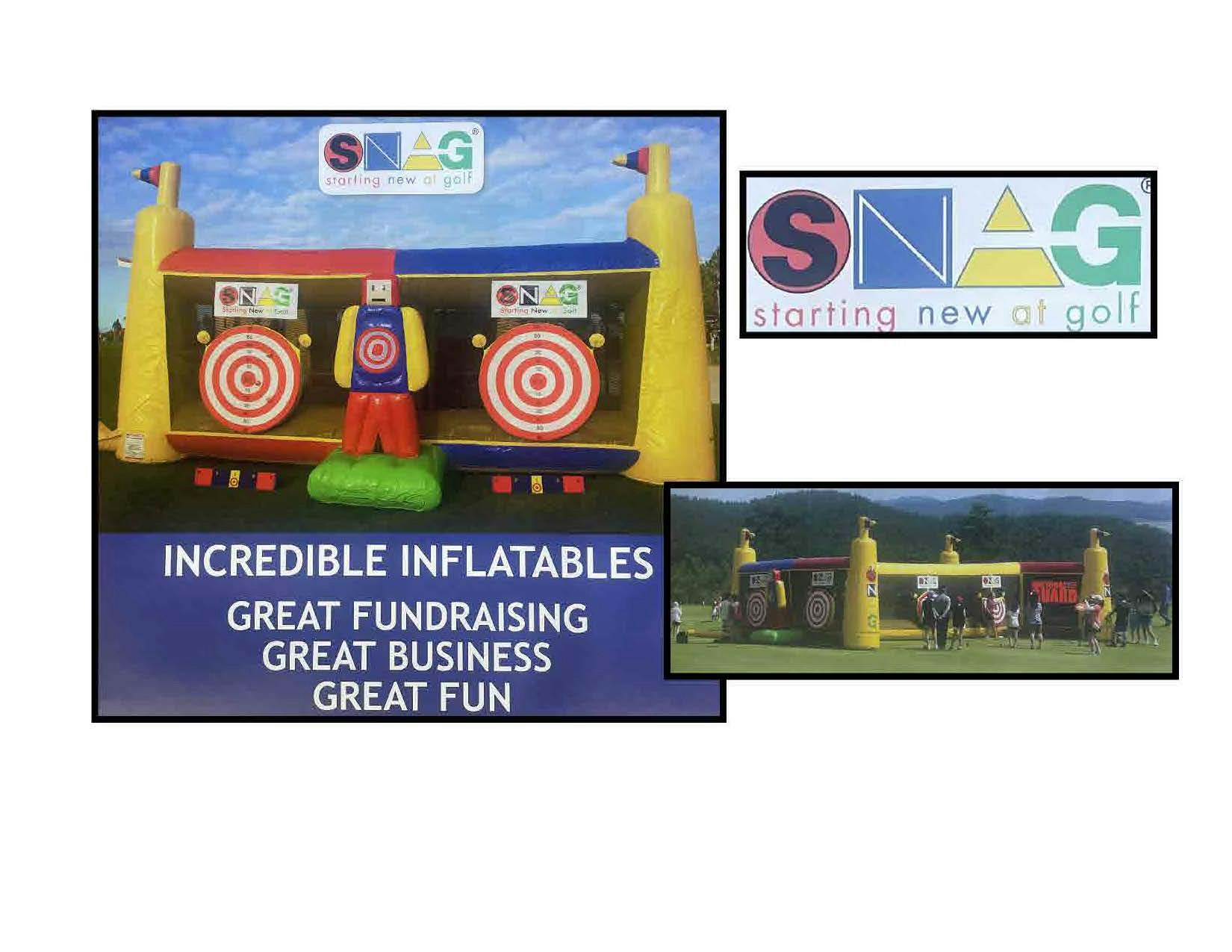 An advertisement for SNAG (Starting New At Golf) featuring inflatable golf targets and testimonials about fun and fundraising.