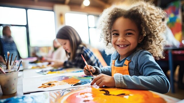 Children painting in a bright art class, with a smiling girl in the foreground.