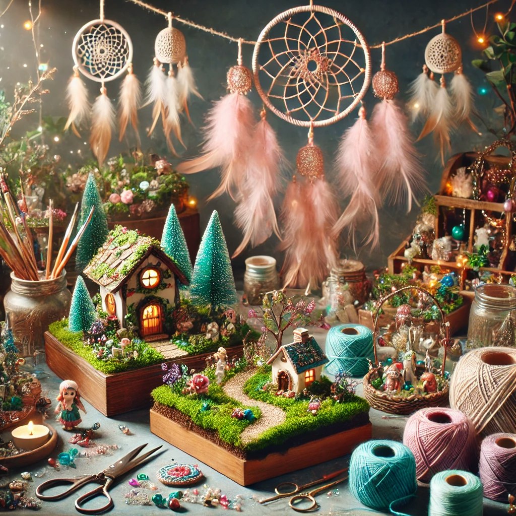 A whimsical craft scene with dreamcatchers, miniature houses, trees, thread, and various art supplies on a decorated tabletop.
