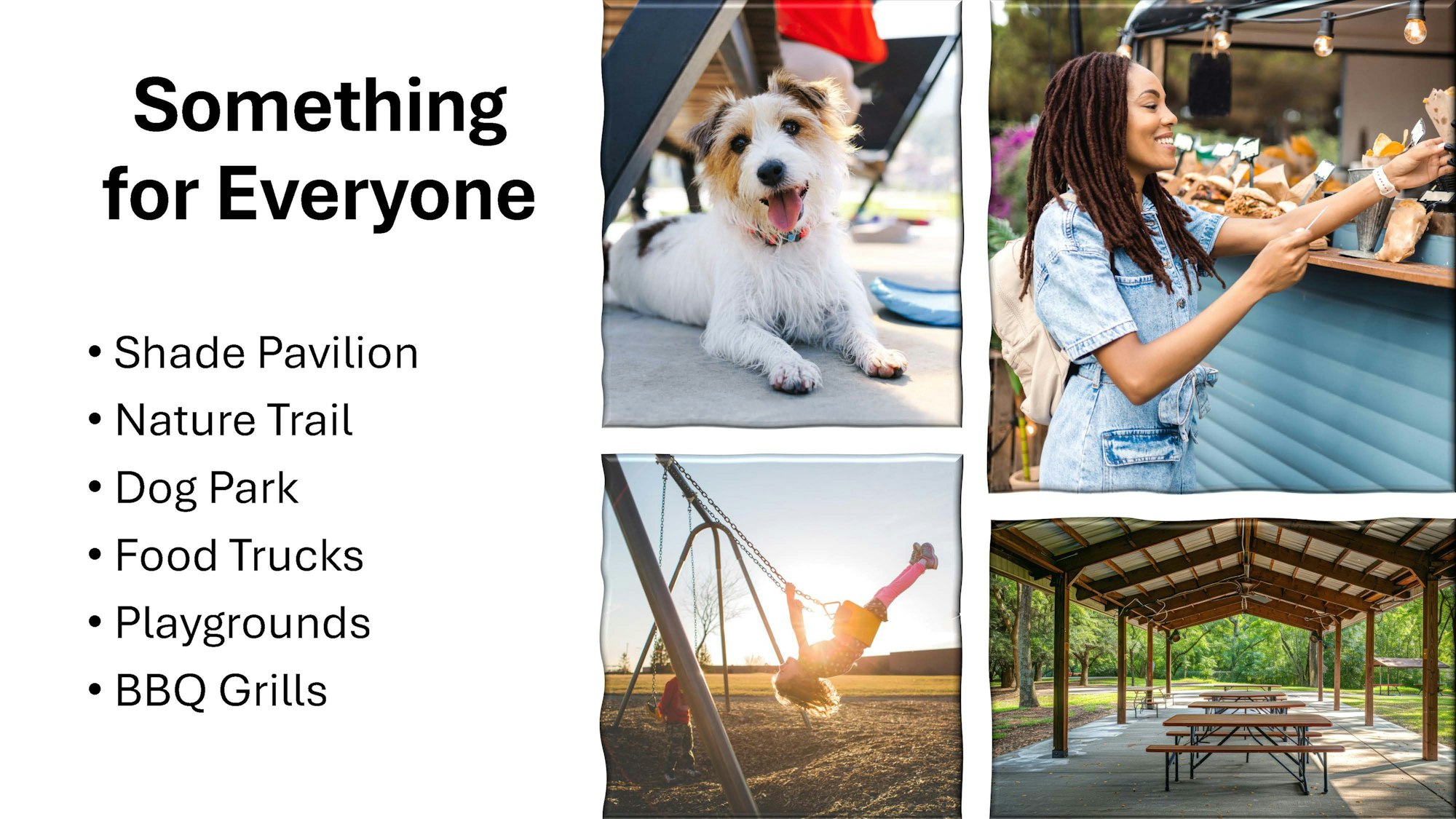 Collage: dog, woman at food truck, child on swing, pavilion. Text: Shade Pavilion, Nature Trail, Dog Park, Food Trucks, Playgrounds, BBQ Grills.