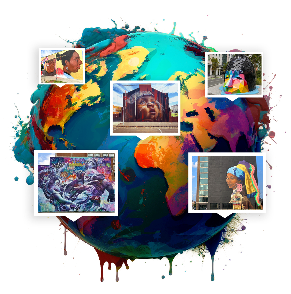 A painted globe with superimposed images of diverse art, including murals and a sculptural piece, symbolizing global creativity.
