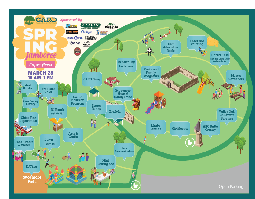 Map of the Spring Jamboree at Caper Acres on March 28, featuring activities, booths, and attractions for families.
