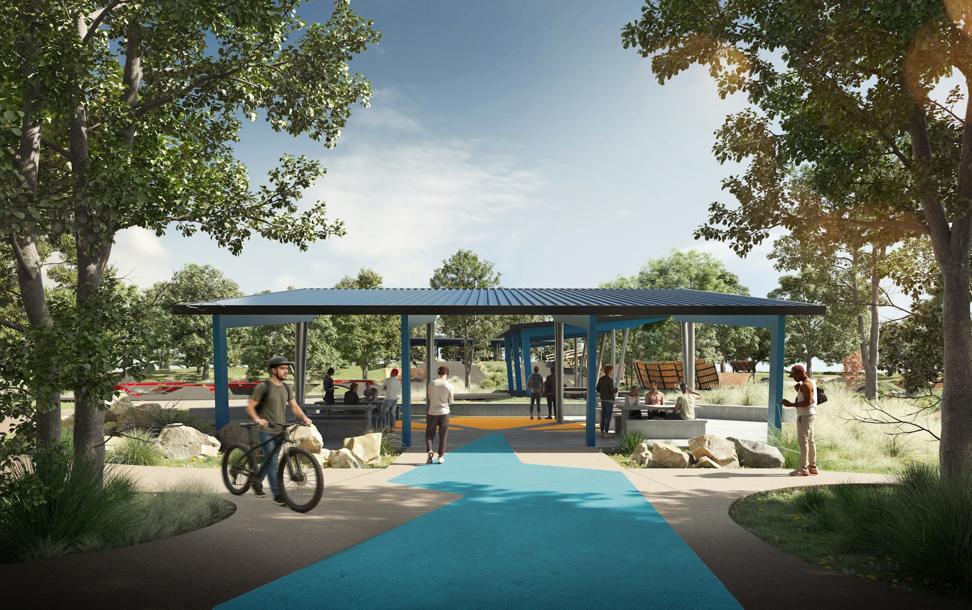A park scene with people, trees, a cyclist, and a covered seating area under a blue roof.