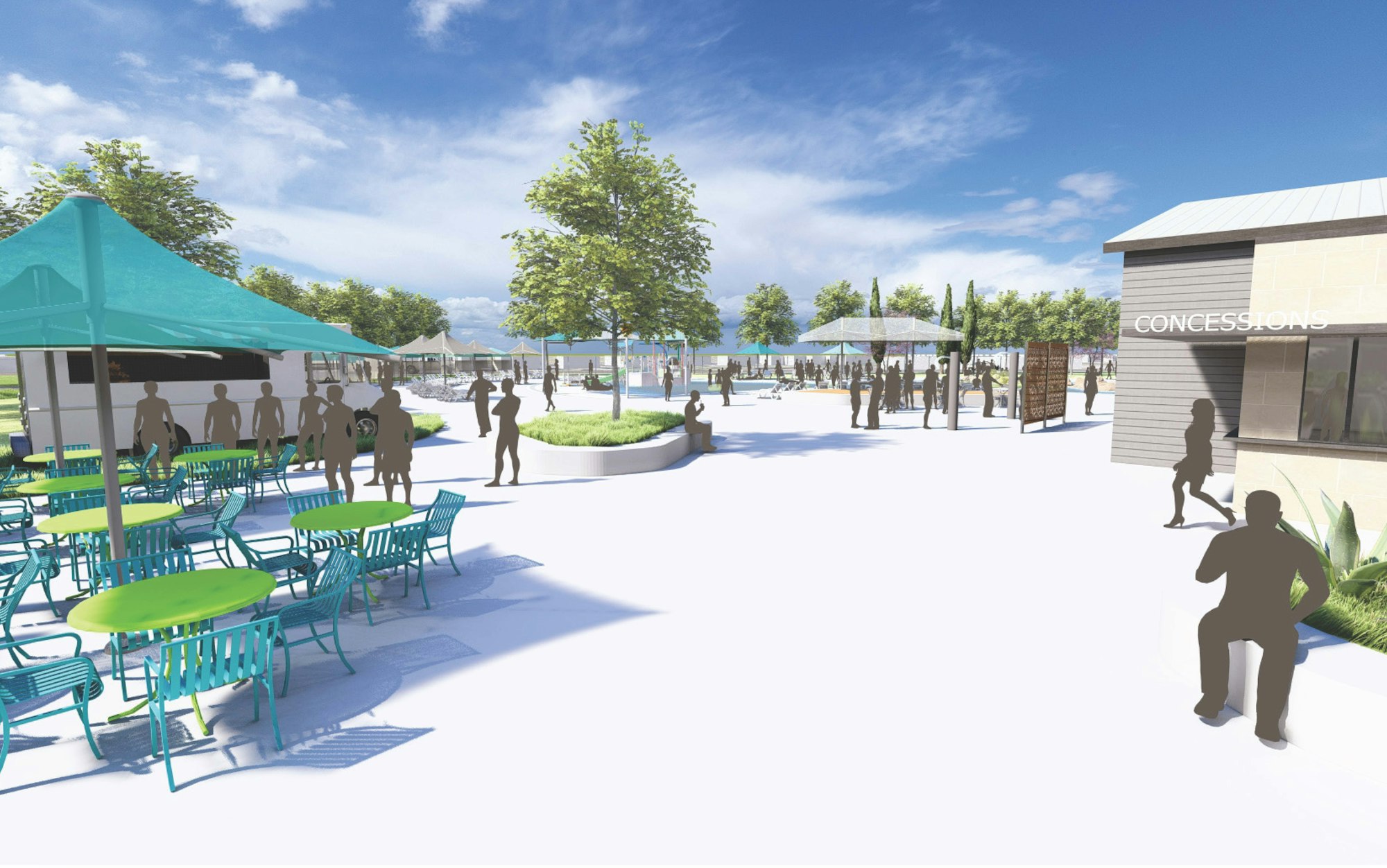 An architectural rendering of a public outdoor space with seating, trees, and a concessions stand.