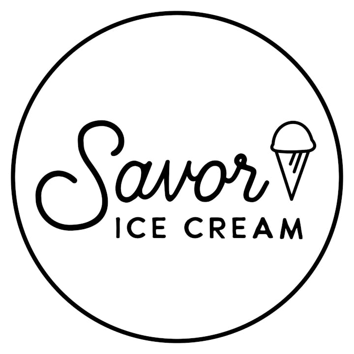A logo with the text "Savor Ice Cream" and a small ice cream cone illustration inside a circle.