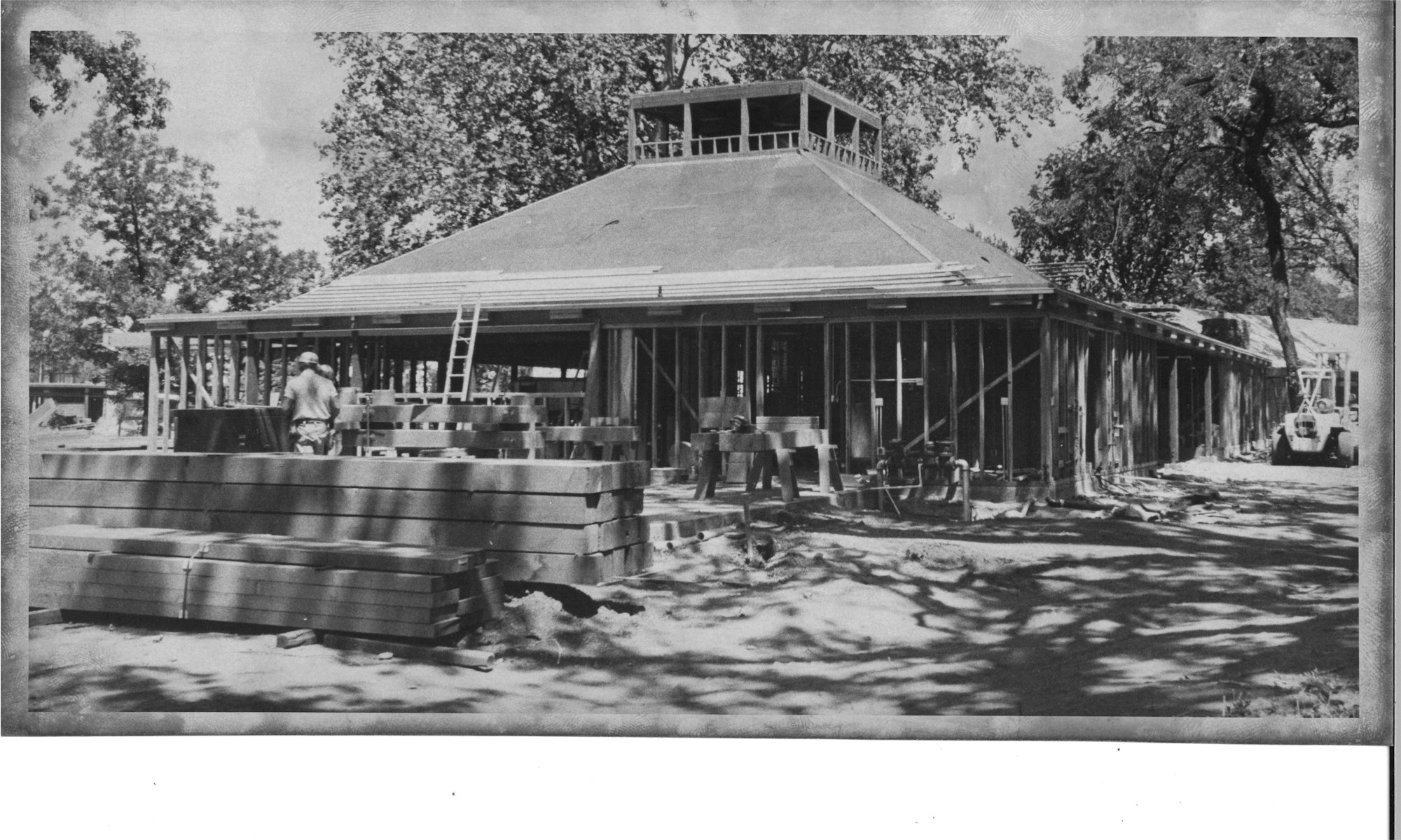 A building under construction with wooden frames, a ladder, and a worker amidst stacks of timber.