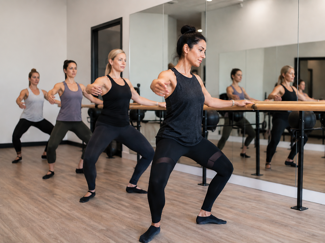 The image shows a group of women engaged in a synchronized exercise class, likely focusing on balance and strength at a barre studio.