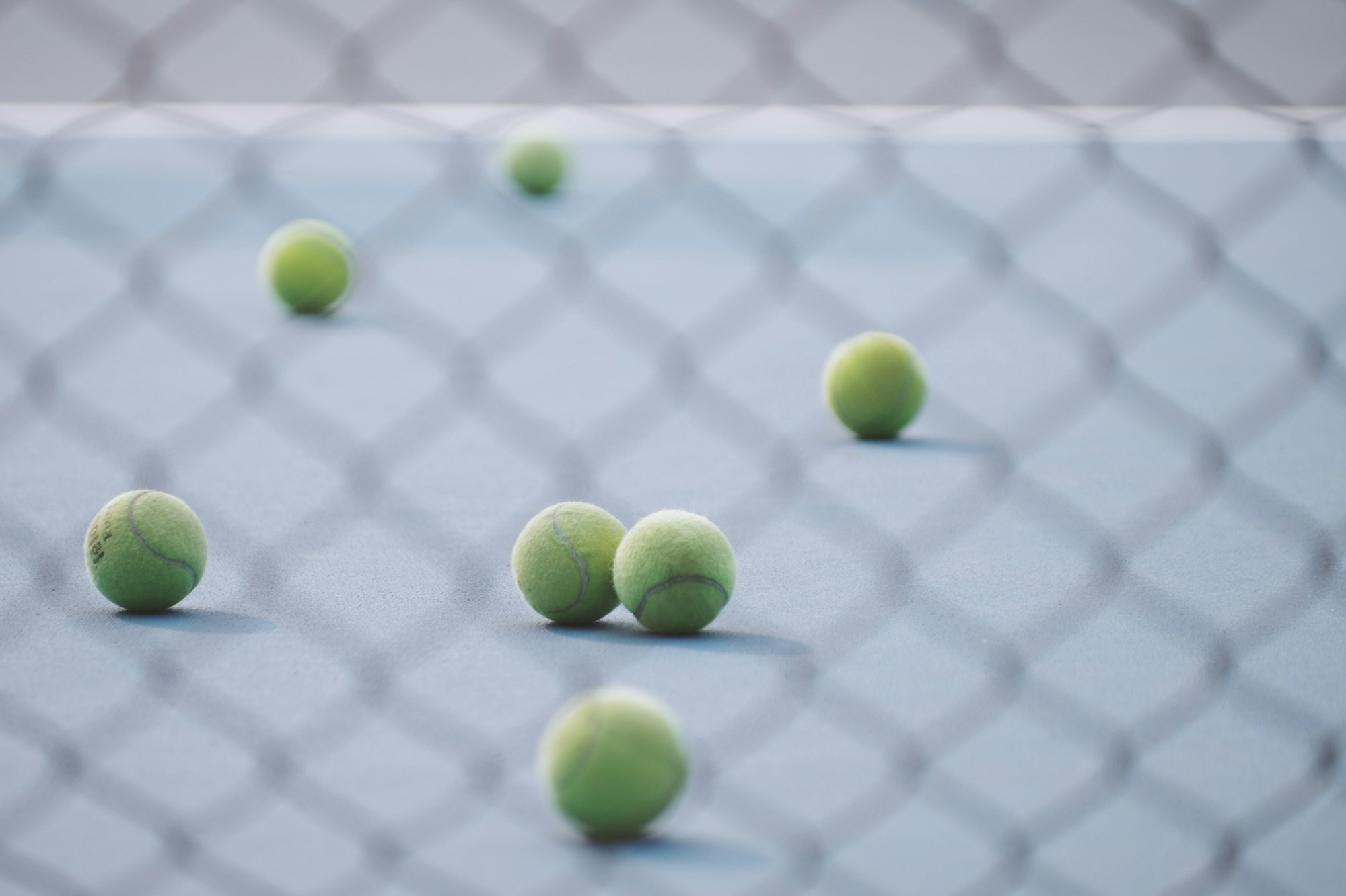 Tennis balls scattered on a court, viewed through a chain-link fence.