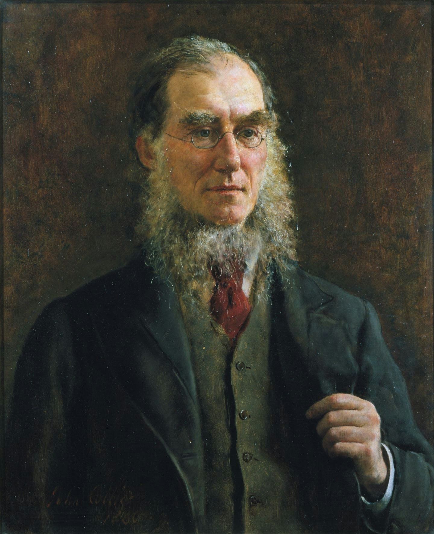 A bearded man in glasses, wearing a suit and vest, posed against a dark background in a painted portrait.