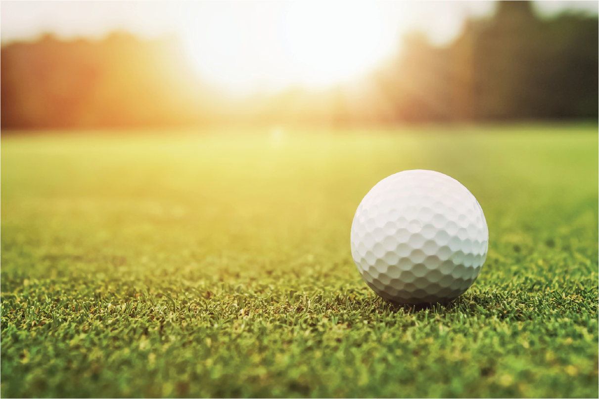 A golf ball on a green under a sunny sky.