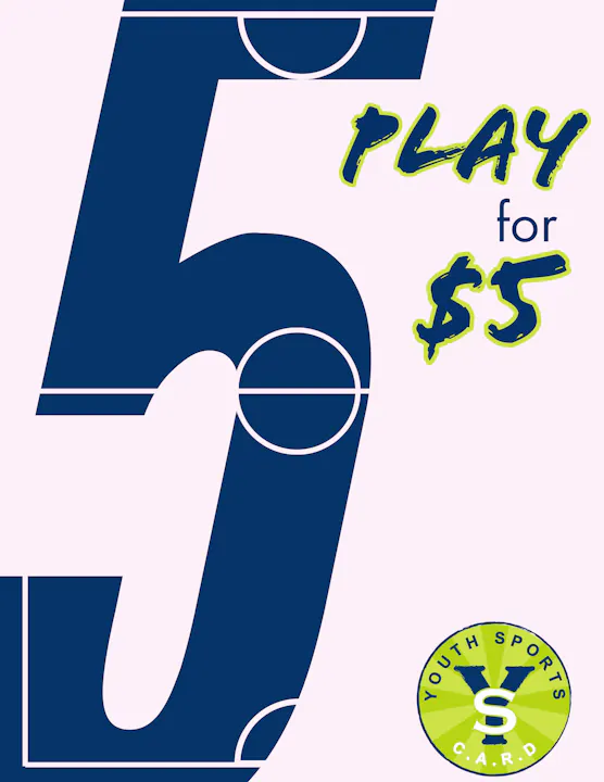 The image promotes youth sports with the text "5 PLAY for $5," featuring a bold number five and a logo for Youth Sports C.A.R.D.