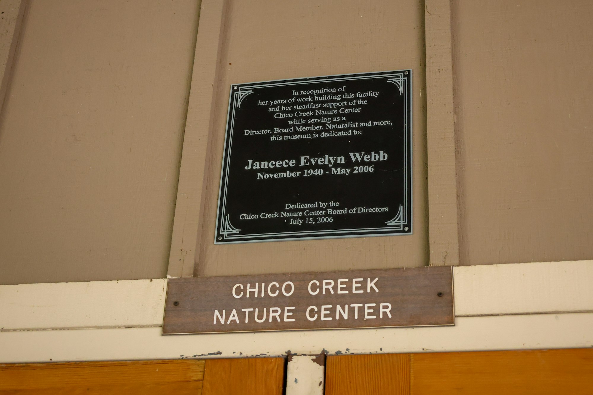 Plaque dedicating Chico Creek Nature Center to Janeece Evelyn Webb, honoring her contributions.
