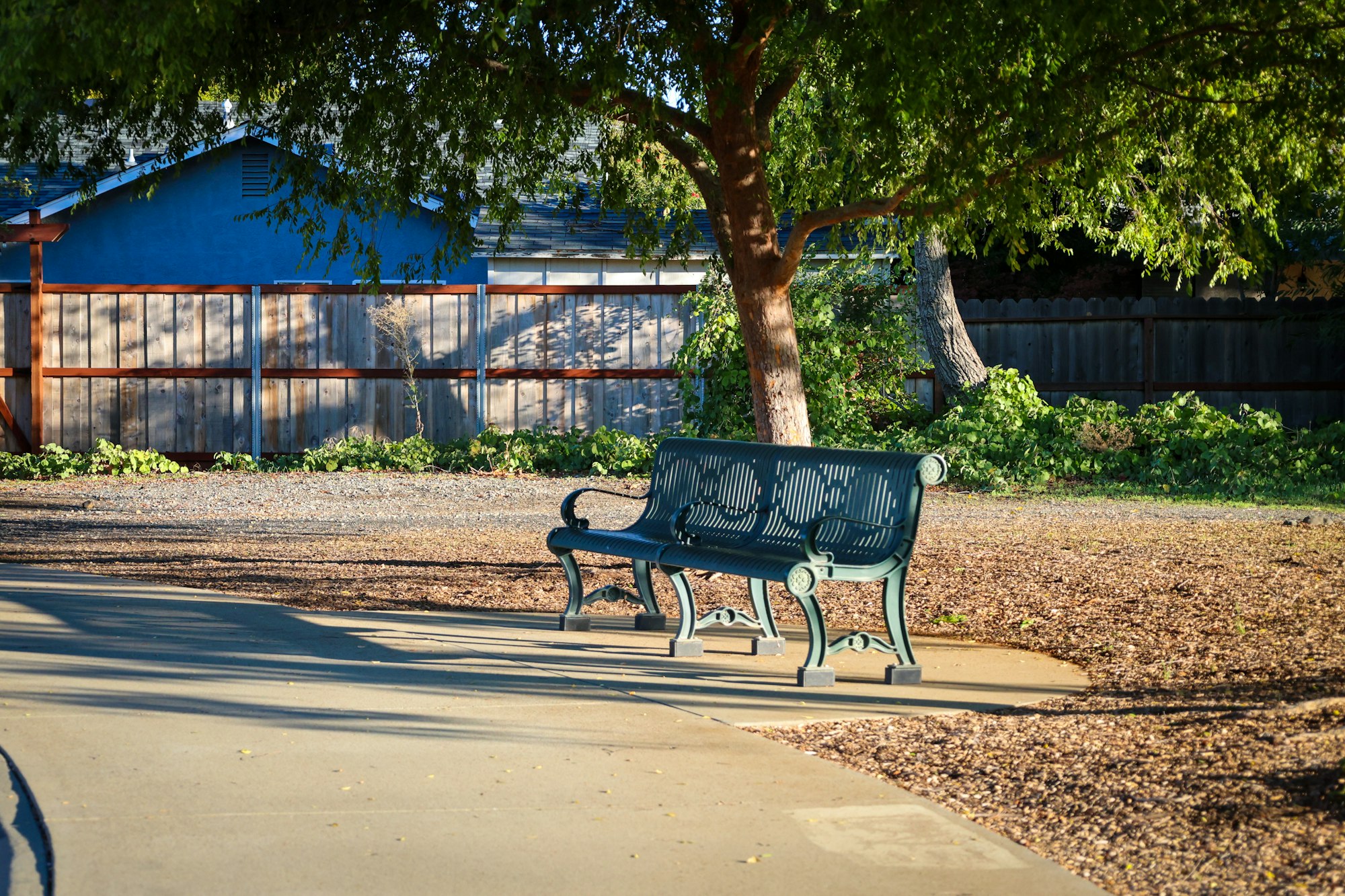 A green park bench sits in a tranquil area with trees, a fence, and a clear path, inviting passersby to rest.
