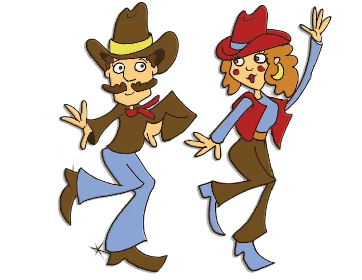 A cartoon cowboy and cowgirl dancing, both wearing hats and western attire, exuding a fun, playful vibe.