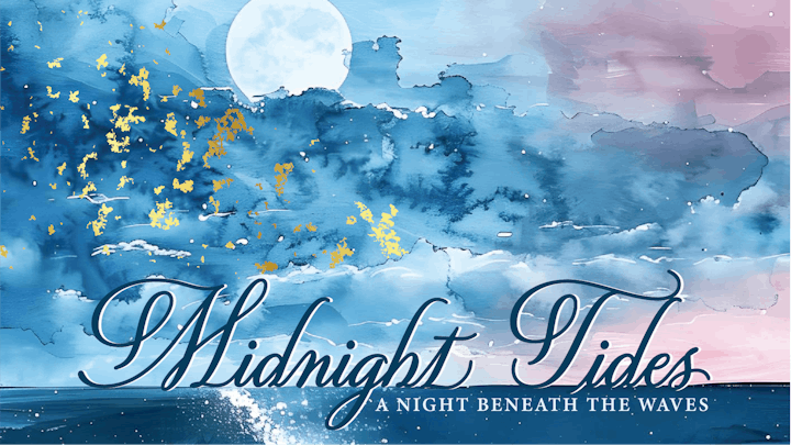 A watercolor night sky with a full moon, clouds, stars, waves, and gold accents. Text reads: "Midnight Tides: A Night Beneath the Waves."