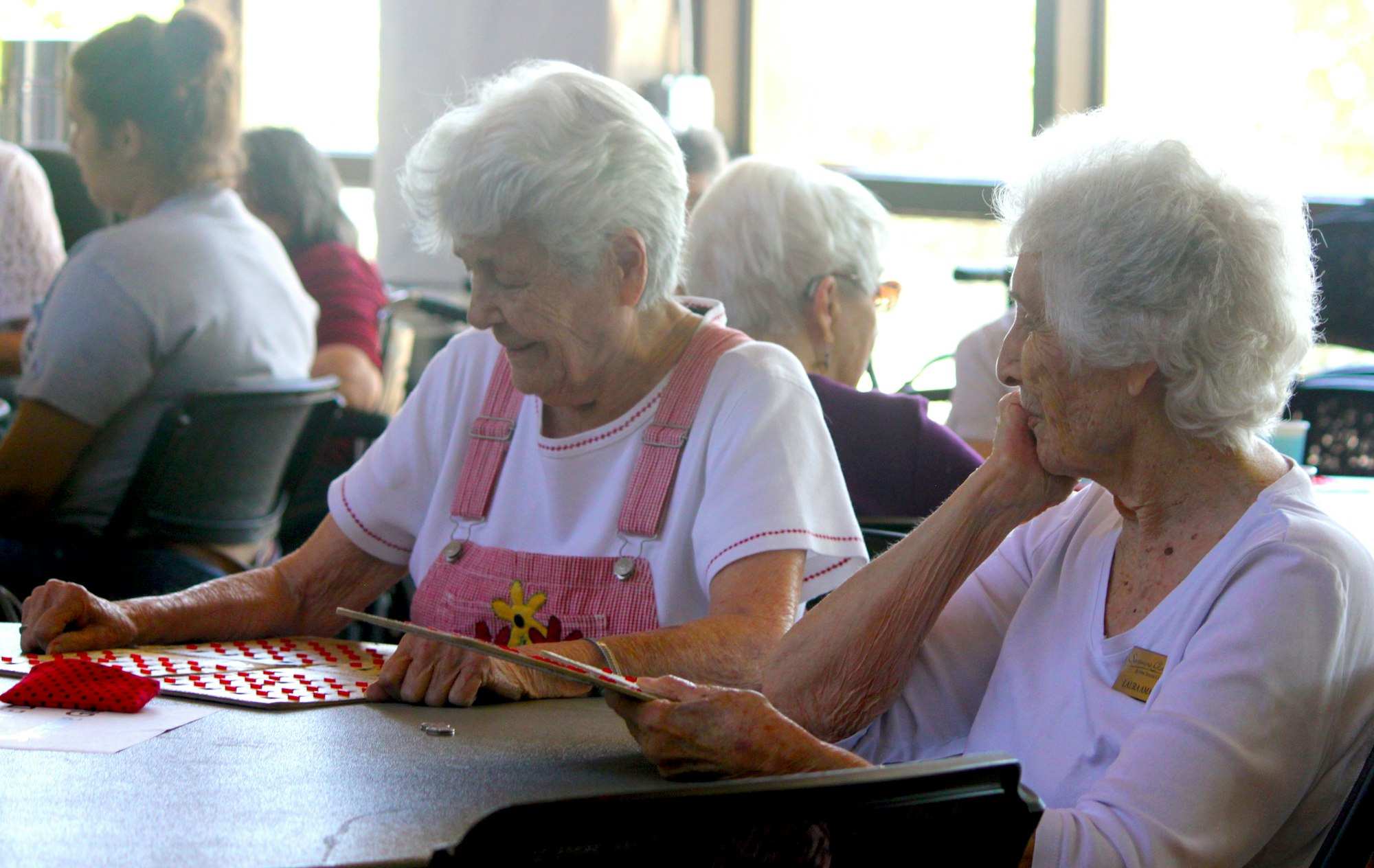 Elderly women sitting at a table, playing a game with red markers.
