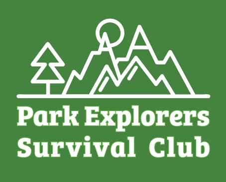 Tree, mountains, and sun icon above "Park Explorers Survival Club" text on green background.