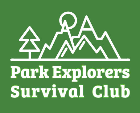 Tree, mountains, and sun icon above "Park Explorers Survival Club" text on green background.