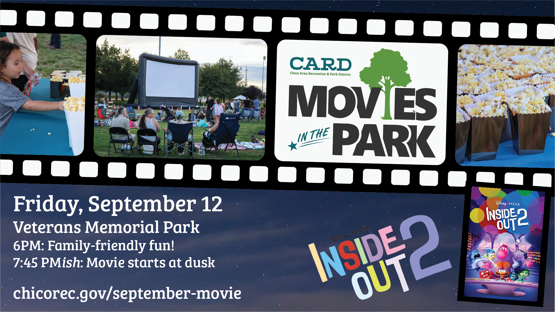 Movie night at Veterans Memorial Park on September 12. Family-friendly fun at 6 PM, movie "Inside Out 2" at dusk.