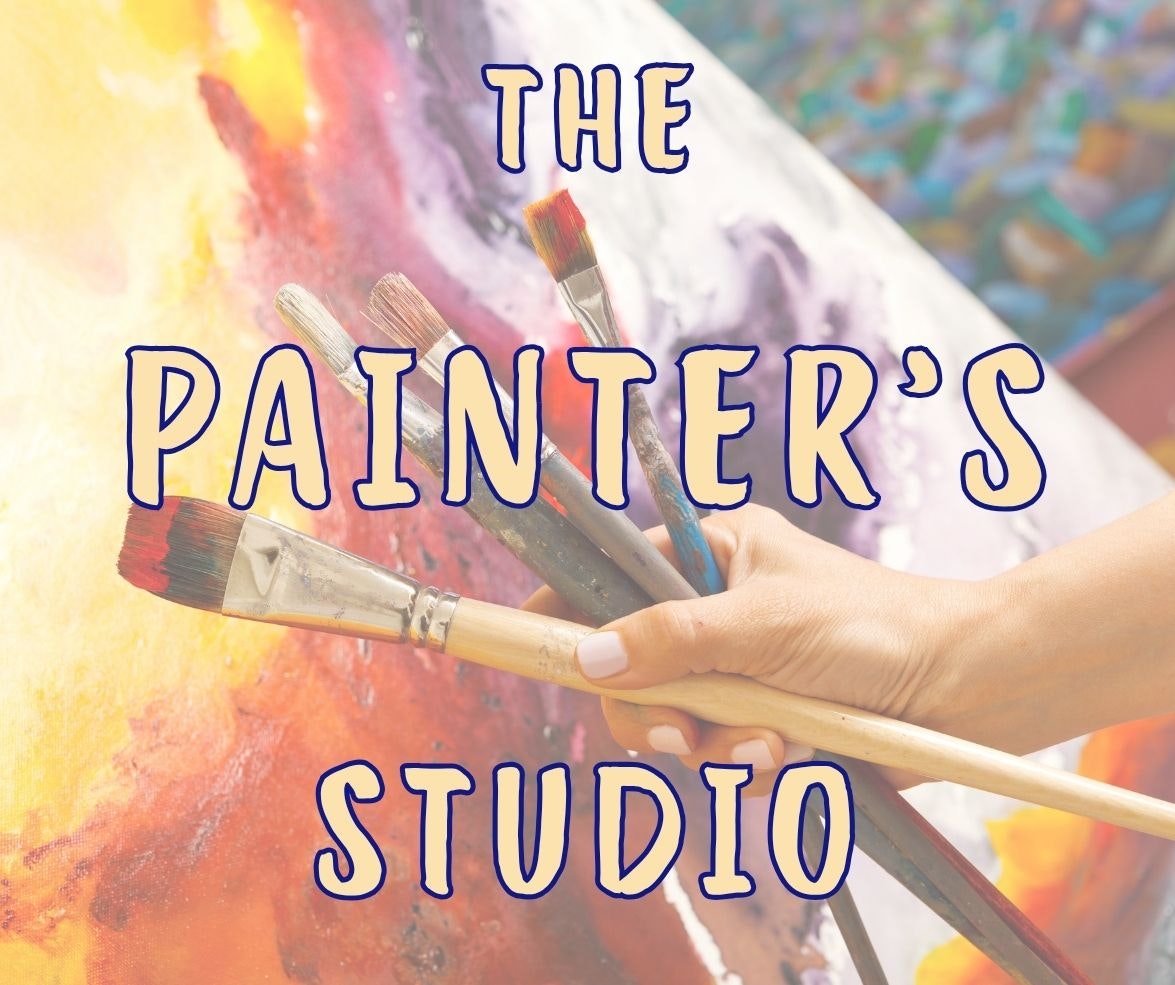 The image features a hand holding paintbrushes in front of a colorful painting, with the text "The Painter's Studio."