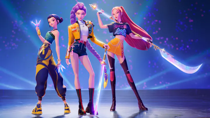 Three stylish characters with vibrant outfits and weapons strike dynamic poses in a colorful, glowing background.