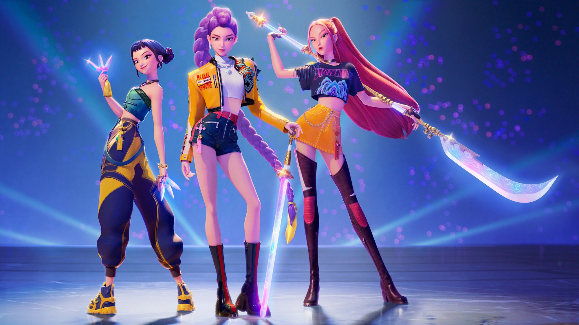 Three stylish characters with vibrant outfits and weapons strike dynamic poses in a colorful, glowing background.