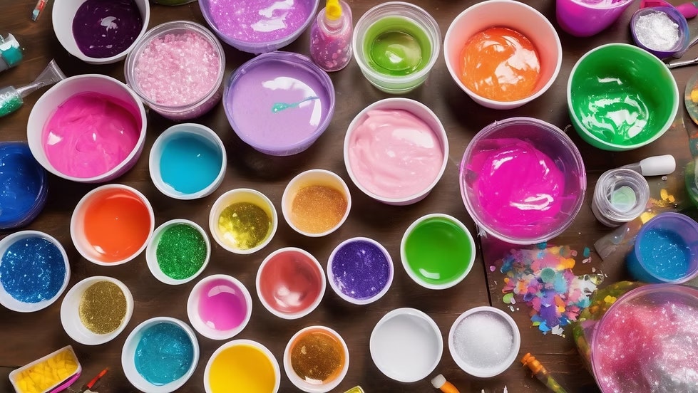 Bowls of colorful slime and glitter are arranged on a wooden table, showcasing a variety of textures and vibrant colors.