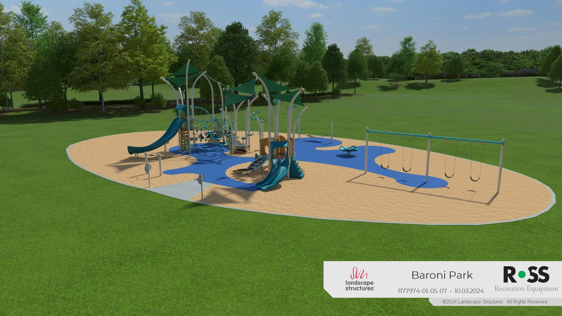 Playground with slides, swings, and climbing structures on sandy and blue surfaces surrounded by grassy field and trees.