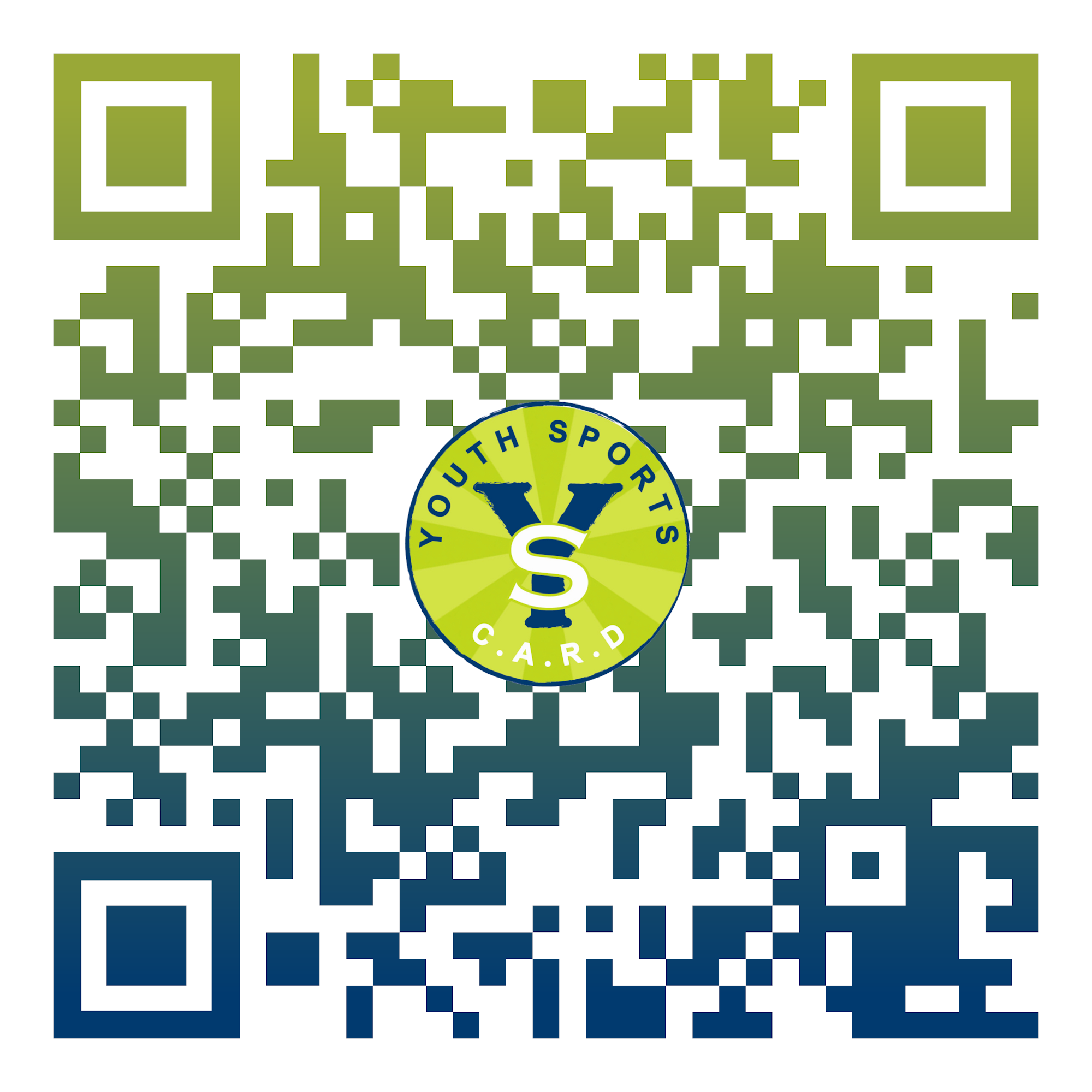 The image contains a stylized QR code with the text "YOUTH SPORTS C.A.R.D." in the center.