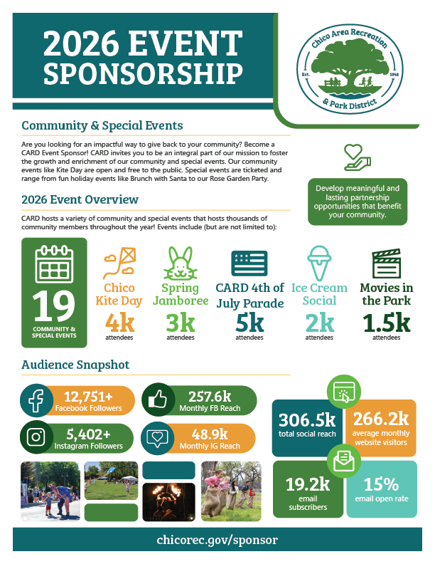 Chico Area Recreation & Park District invites sponsorship for 2026 events, featuring 19 activities attracting thousands of attendees.