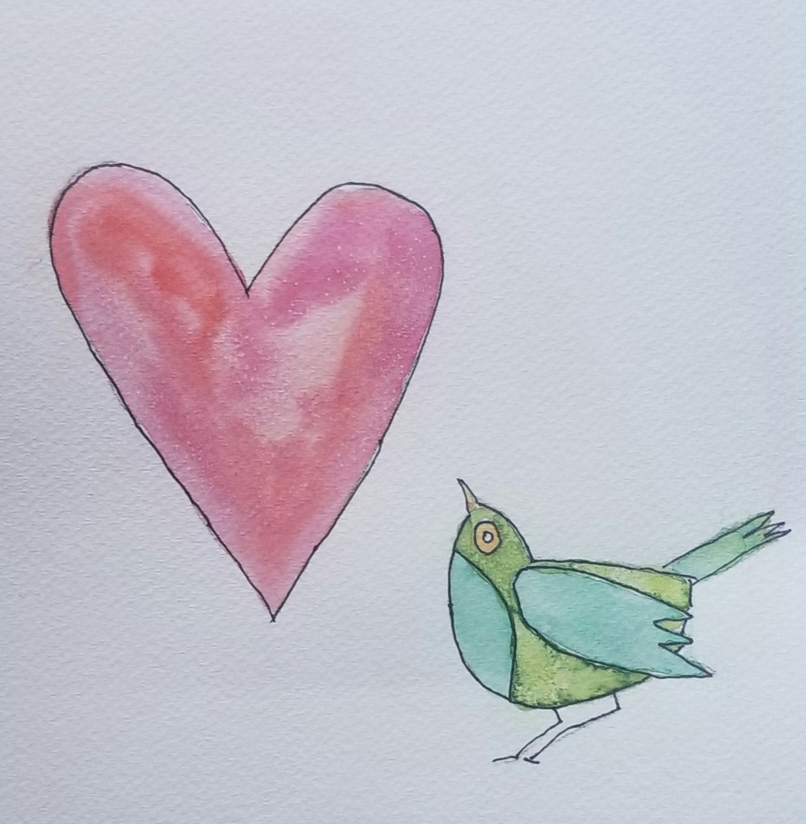 A whimsical illustration of a heart and a colorful bird, conveying a sense of joy and love.