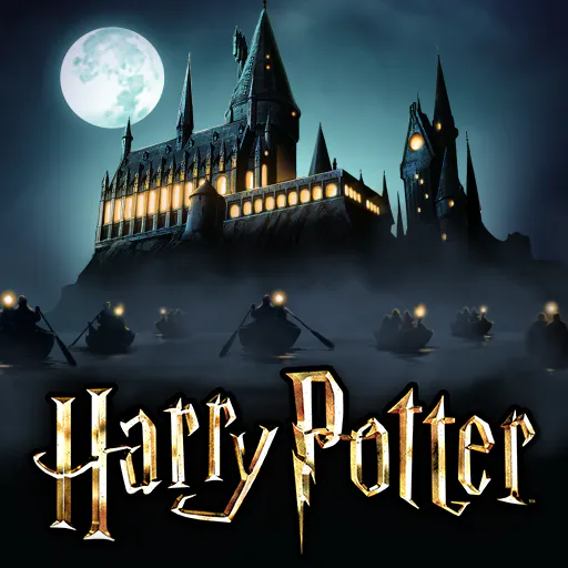 The image features a dark, mystical castle resembling Hogwarts from the "Harry Potter" series, with a full moon and boats in the foreground.