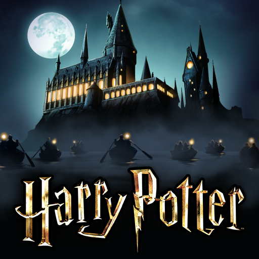 The image features a dark, mystical castle resembling Hogwarts from the "Harry Potter" series, with a full moon and boats in the foreground.