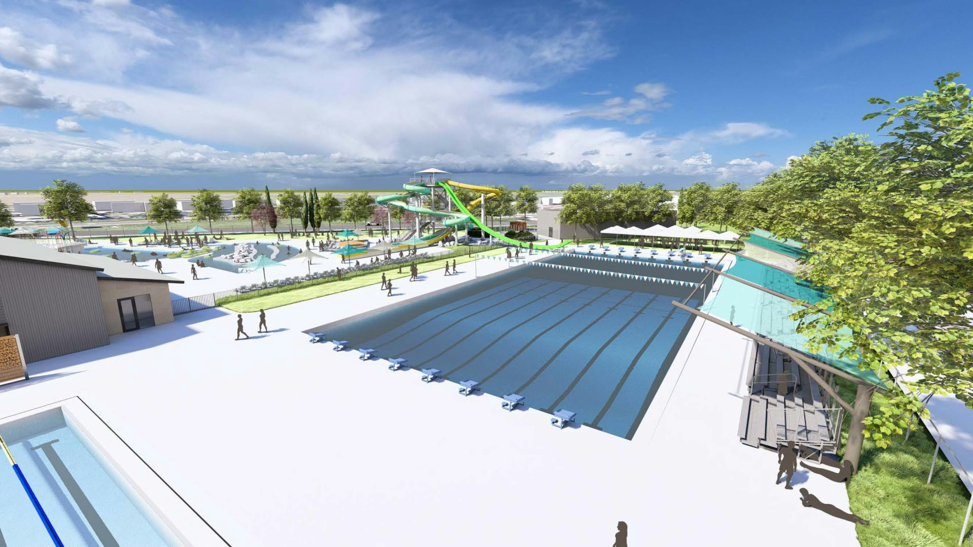Outdoor pool complex with a pool, waterslides, and trees. People are walking around the area.