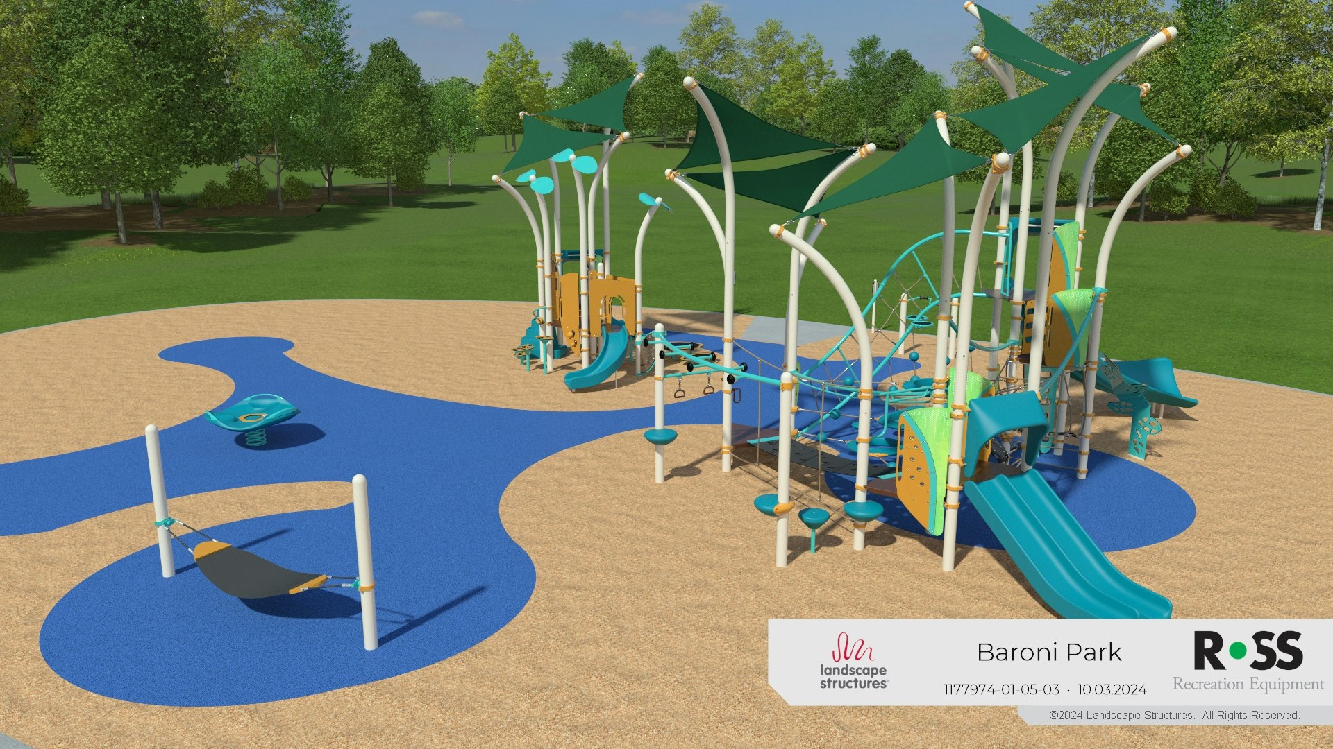 Colorful playground with slides, climbing structures, and shade canopies on a sandy and blue rubber surface. Trees in the background.