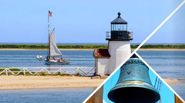 A scenic view of a lighthouse by the water, with a sailboat nearby and a close-up of a bell.