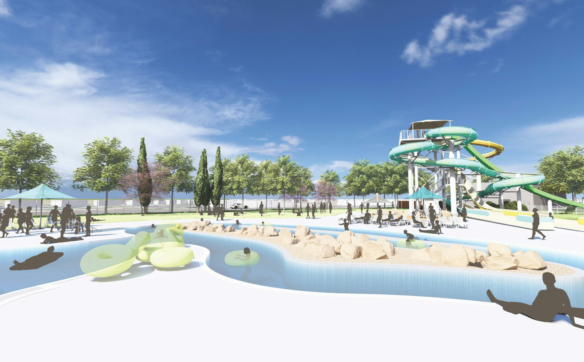 A digital rendering of a water park with slides, a lazy river, and people enjoying the sun.