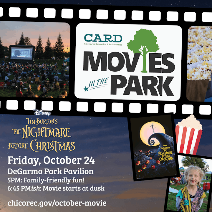 Outdoor movie event for "The Nightmare Before Christmas," October 24, DeGarmo Park. Family-friendly. More info at chicorec.gov.