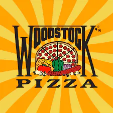 The image features the logo of Woodstock’s Pizza, showcasing a pizza with various toppings and a sunburst background.