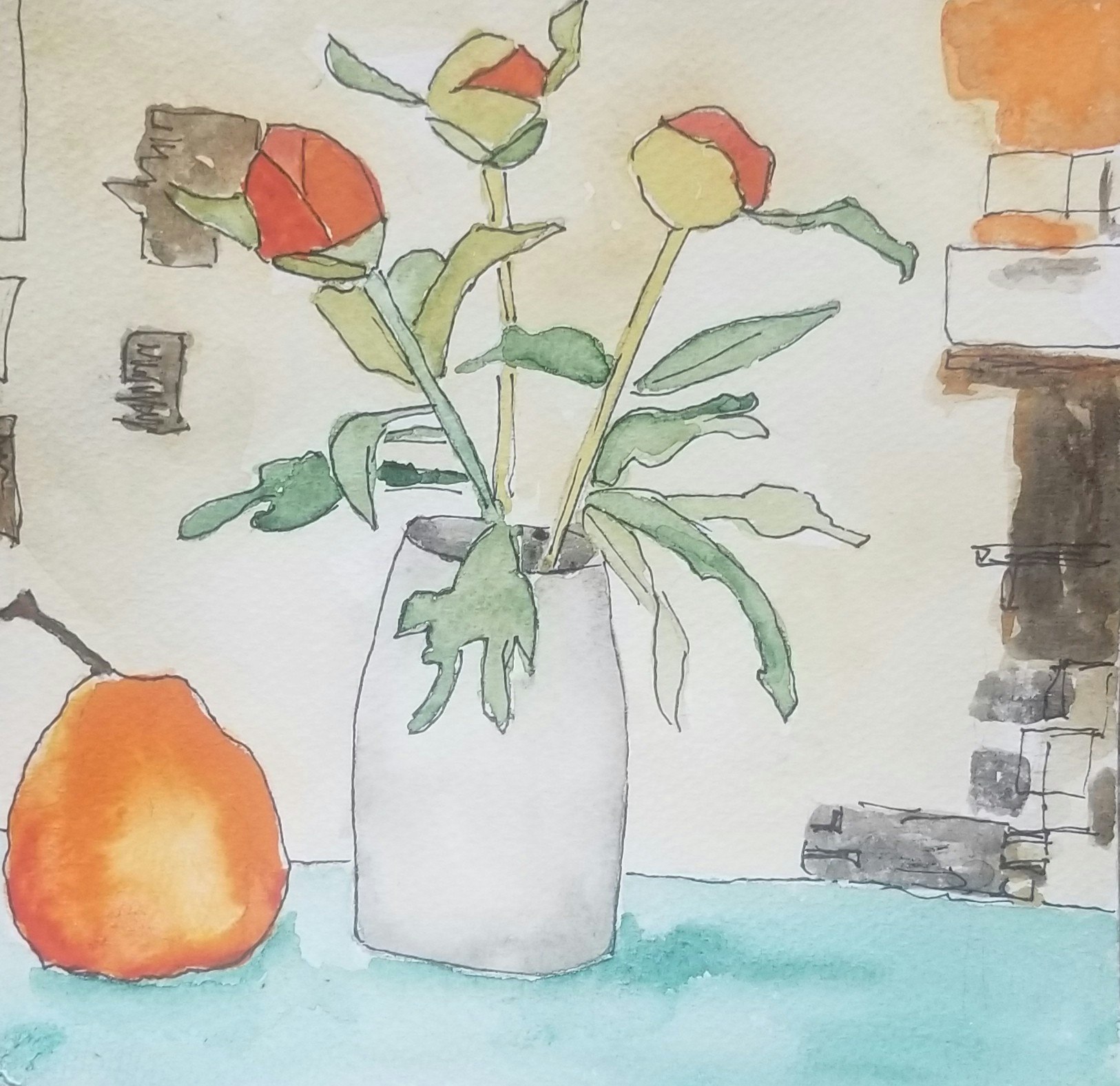 An artistic depiction of a vase with orange and yellow flowers, beside a pear, set against a muted background.