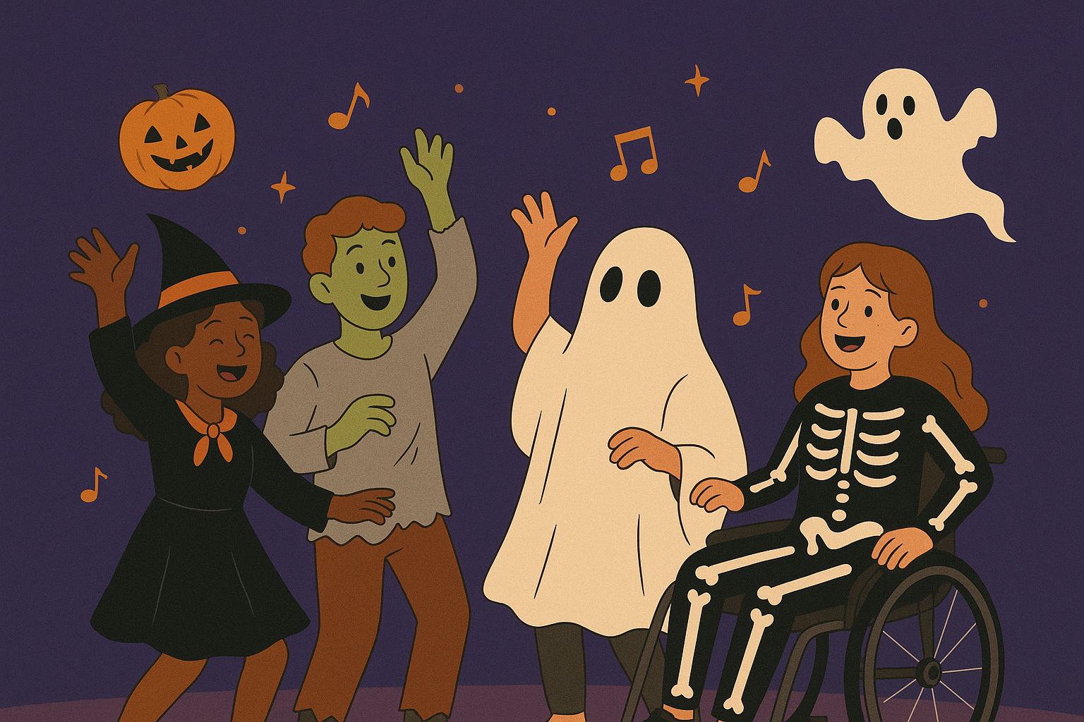 Four children in Halloween costumes (witch, zombie, ghost, skeleton) are celebrating with music notes and a ghost in the background.