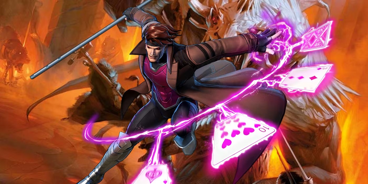 A dynamic superhero character wielding a staff and glowing playing cards in action against a fiery background.