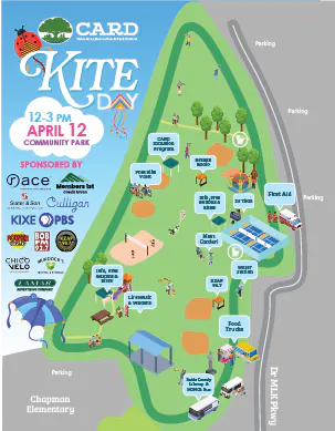 Map for Kite Day event on April 12, 12-3 PM at Community Park, featuring activities, parking, and sponsorships.