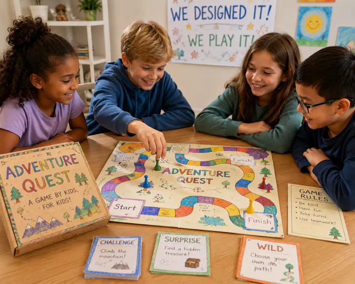 Kids playing a board game they designed themselves