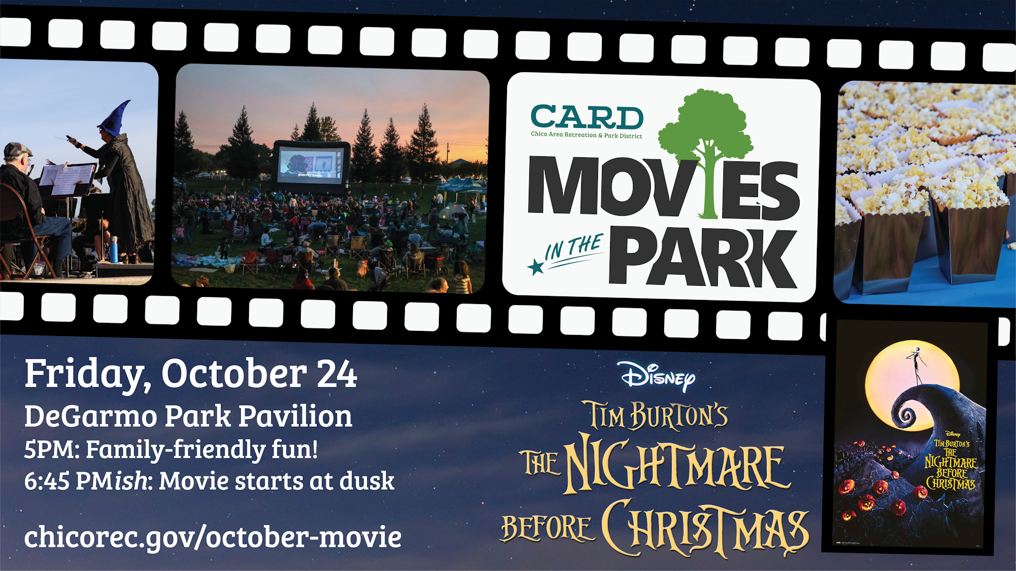 Outdoor movie event on October 24 at DeGarmo Park showing "The Nightmare Before Christmas." Family fun at 5 PM, movie at dusk.