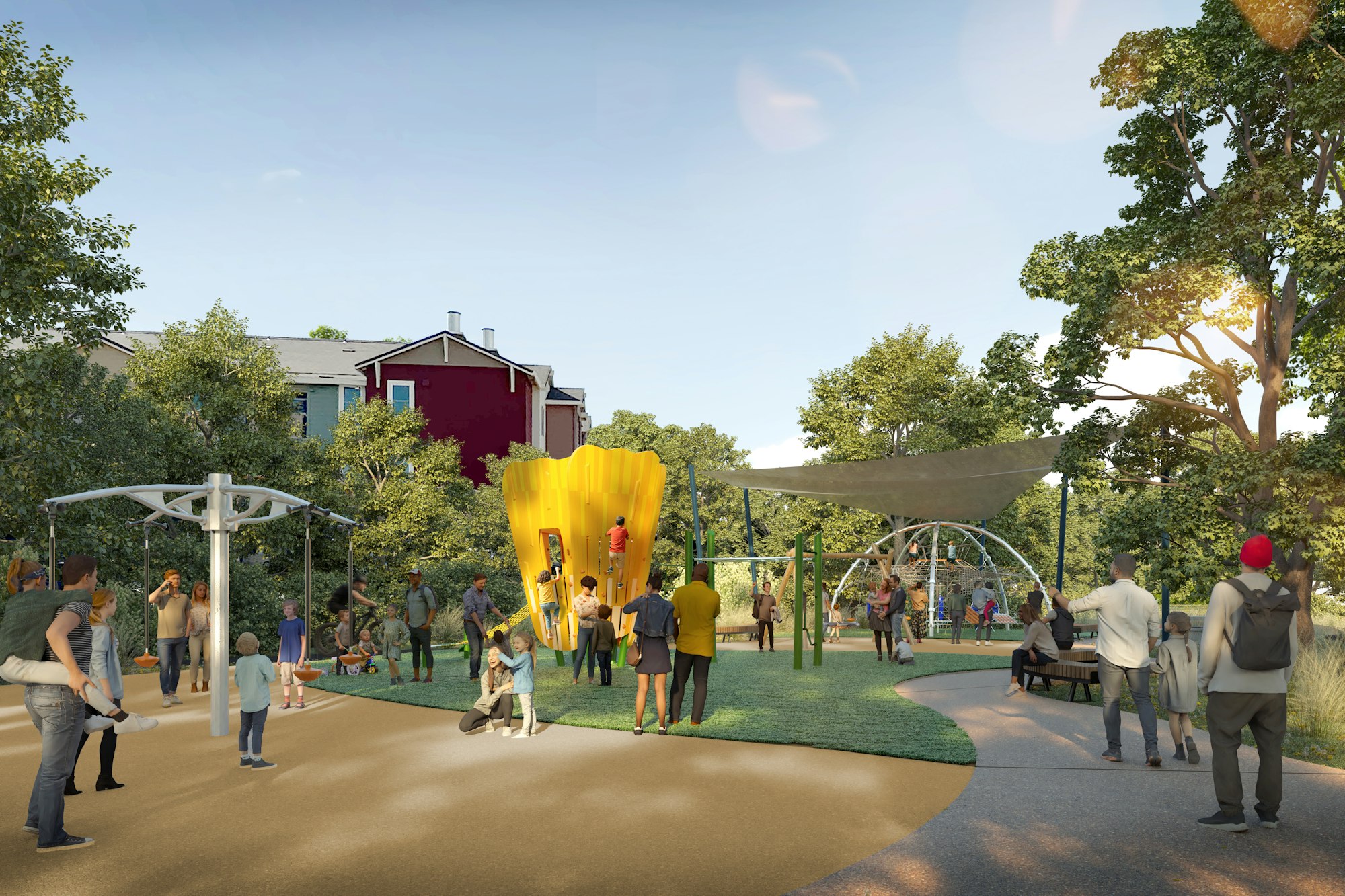 A lively park scene with people enjoying various playground equipment surrounded by trees and residential buildings.