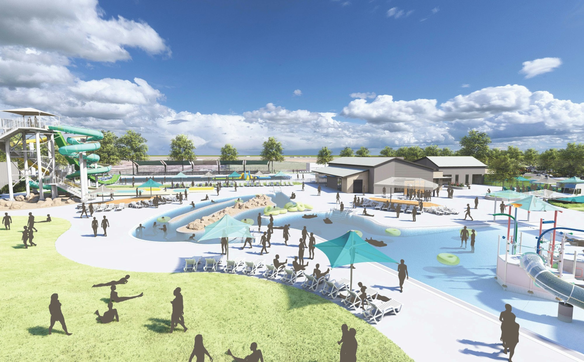 Illustration of a busy water park with slides, pools, loungers, and visitors, under a sunny sky.