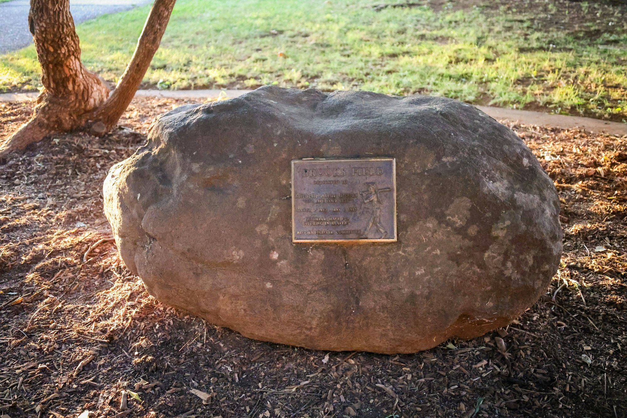 A large rock with a plaque commemorating "Brooks Field" in a park setting, surrounded by greenery.