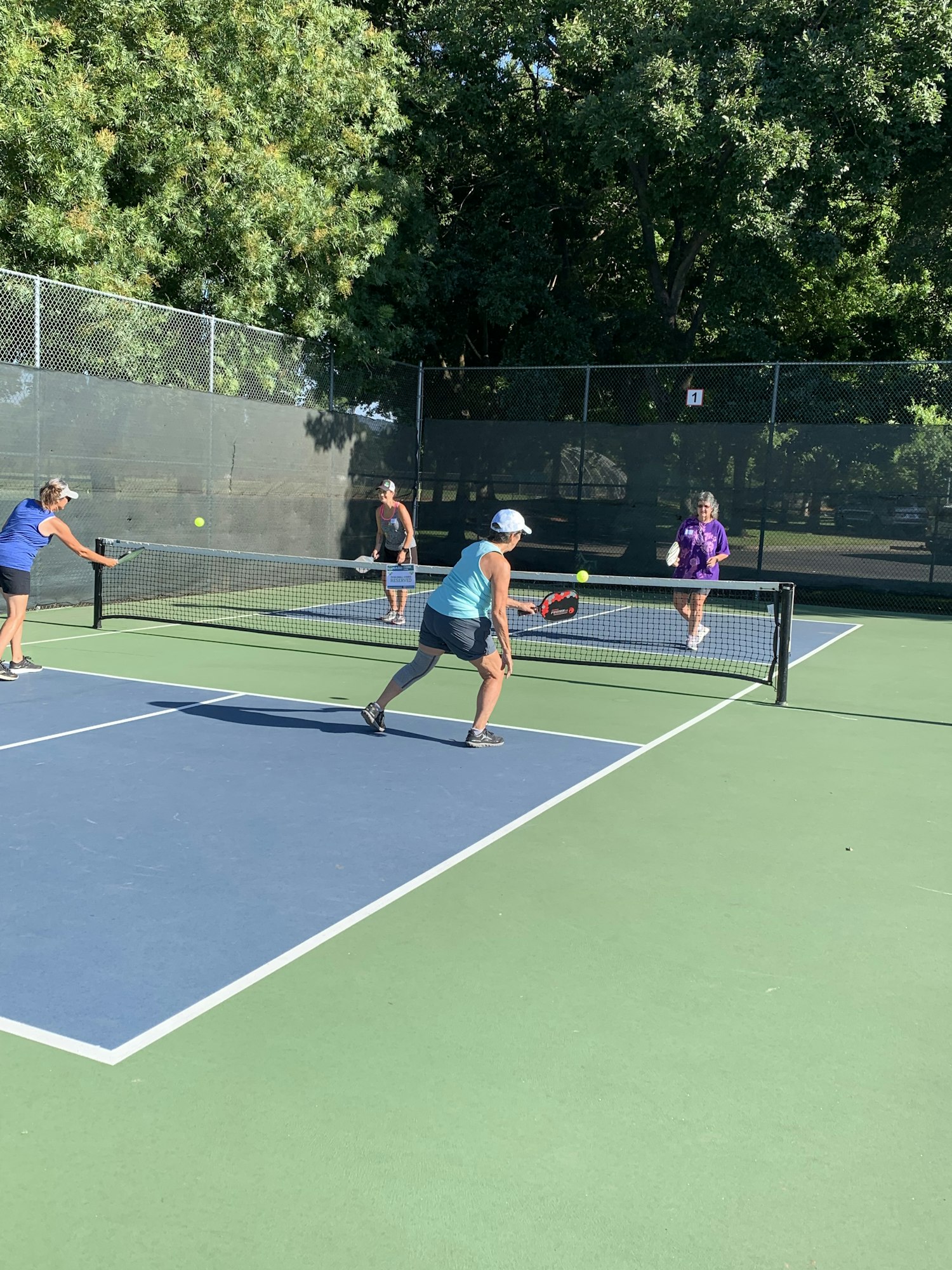 Four people playing pickleball on a court surrounded by trees.