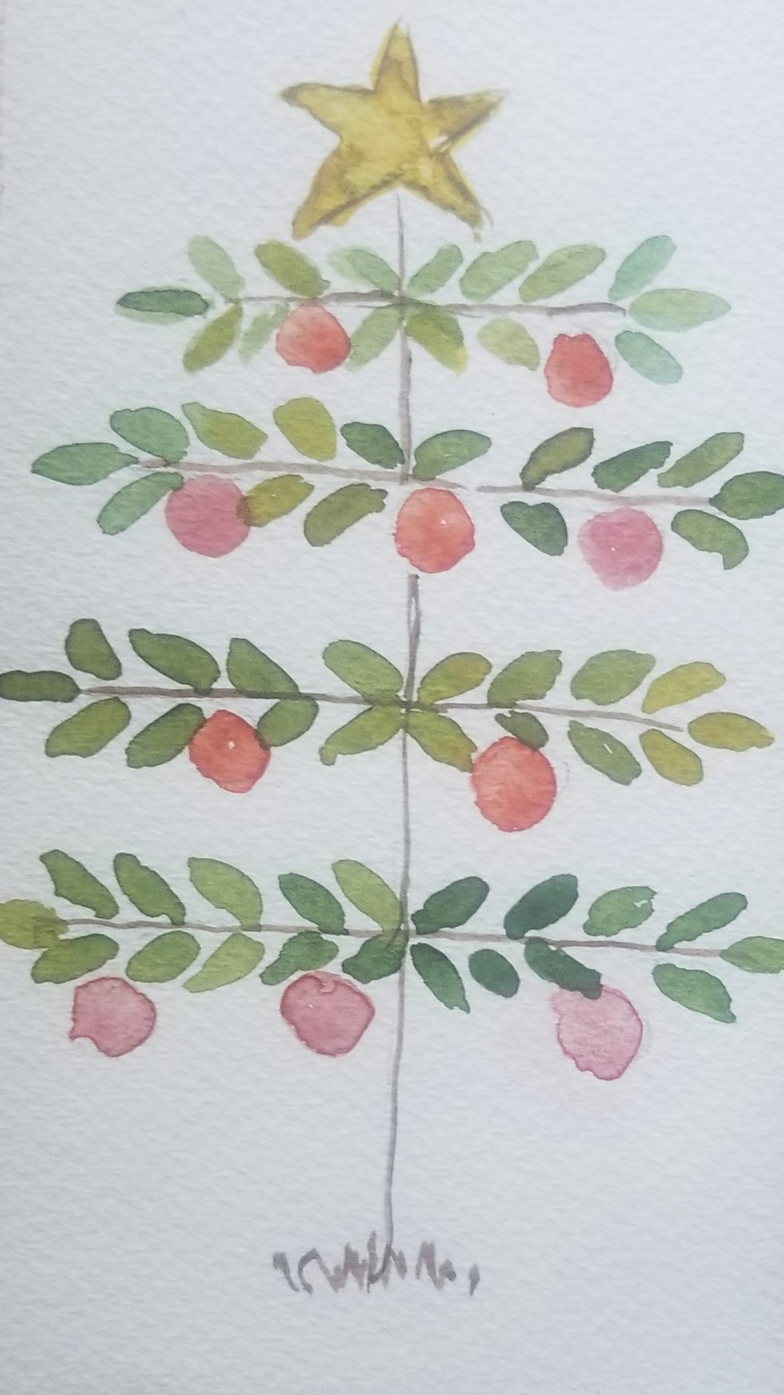 A watercolor of a stylized tree with a yellow star on top, green leaves, and red ornaments.